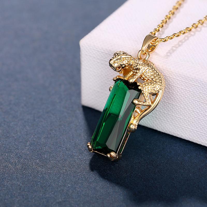 Gold Tone Panther Pendant Necklace for Women, Baguette Cut Green Crystal Statement Necklace, Luxury Animal Inspired Jewelry