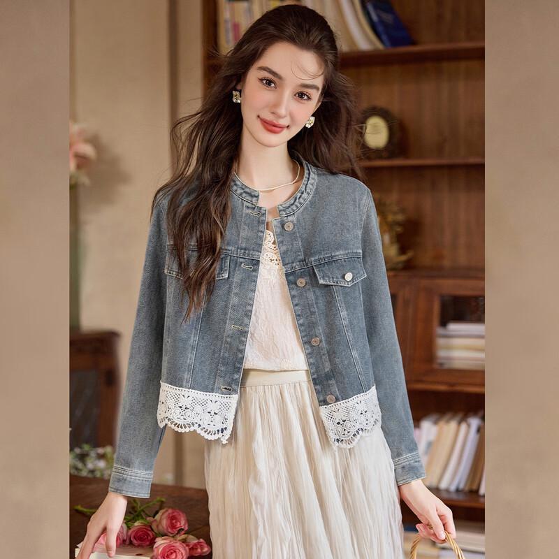 Women s Round Neck Patchwork Denim Jacket with Lace Trim XL