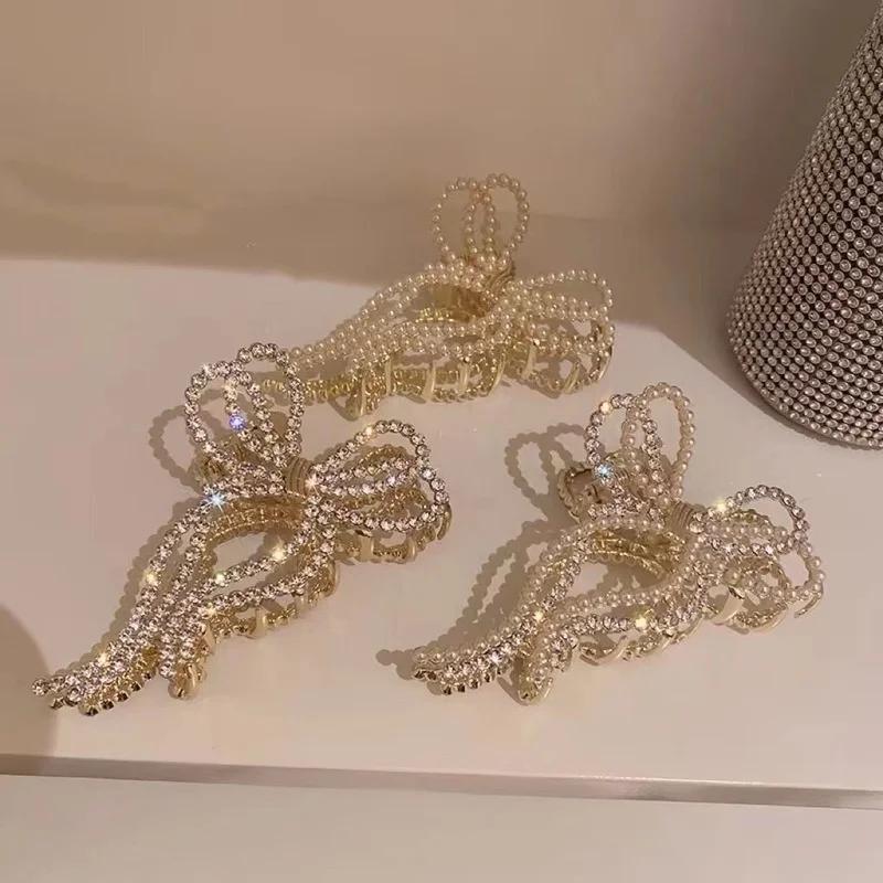 New Pearl Hair Claw Set Clip For Women Pearl Bow Hairpins Metal Hair Accessory Geometric Hollow Pincer Barrette Crystal Clip Big