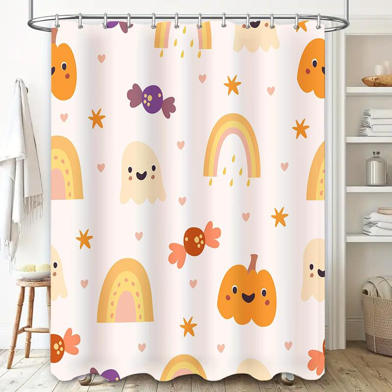 Adorable Ghost Candy Shower Curtain Halloween Decorative Bathroom Hanging Fabric Pink Rainbow Pumpkin Blue Orange Cartoon Style