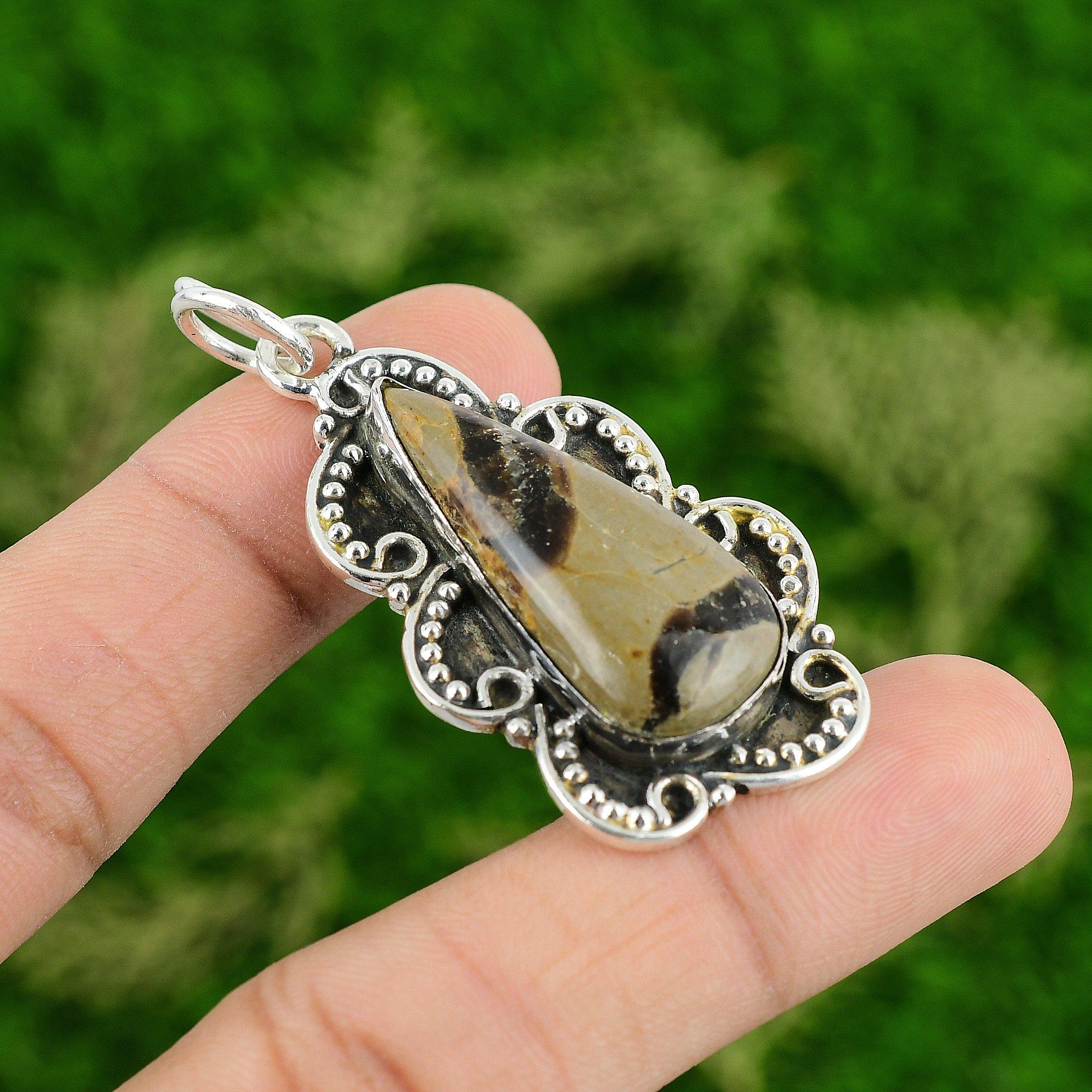 

925 Sterling Silver Pear Septarian Gemstone Bezel Art Deco Wife Pendant Jewelry