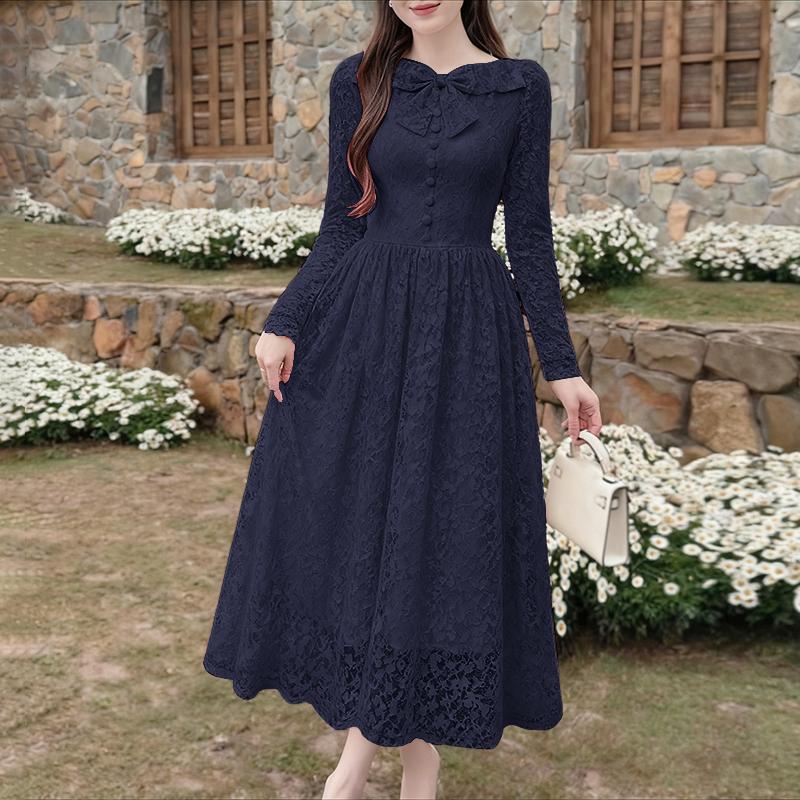 ZANZEA Women Round Neck Long Sleeve Elegant Lace Dress