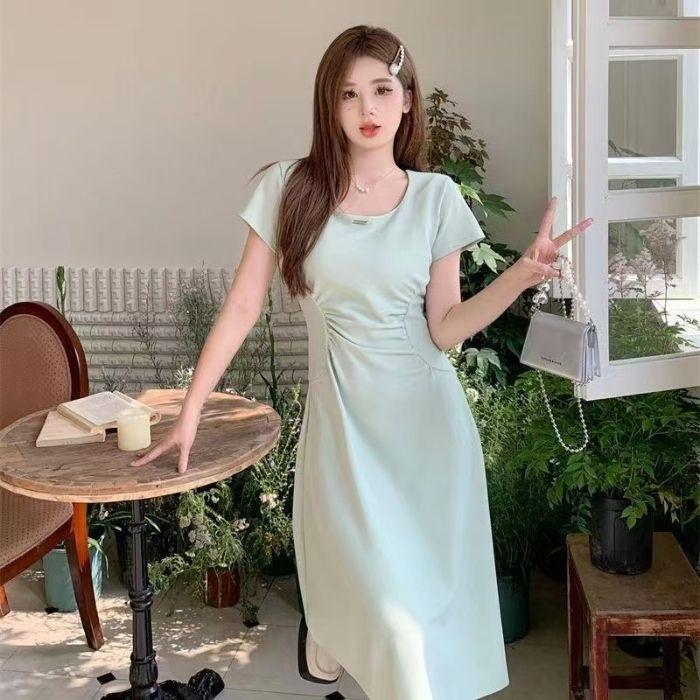 French gentle wind coffee break short-sleeved dress 2026 summer new niche temperament waist thin medium and long dress women