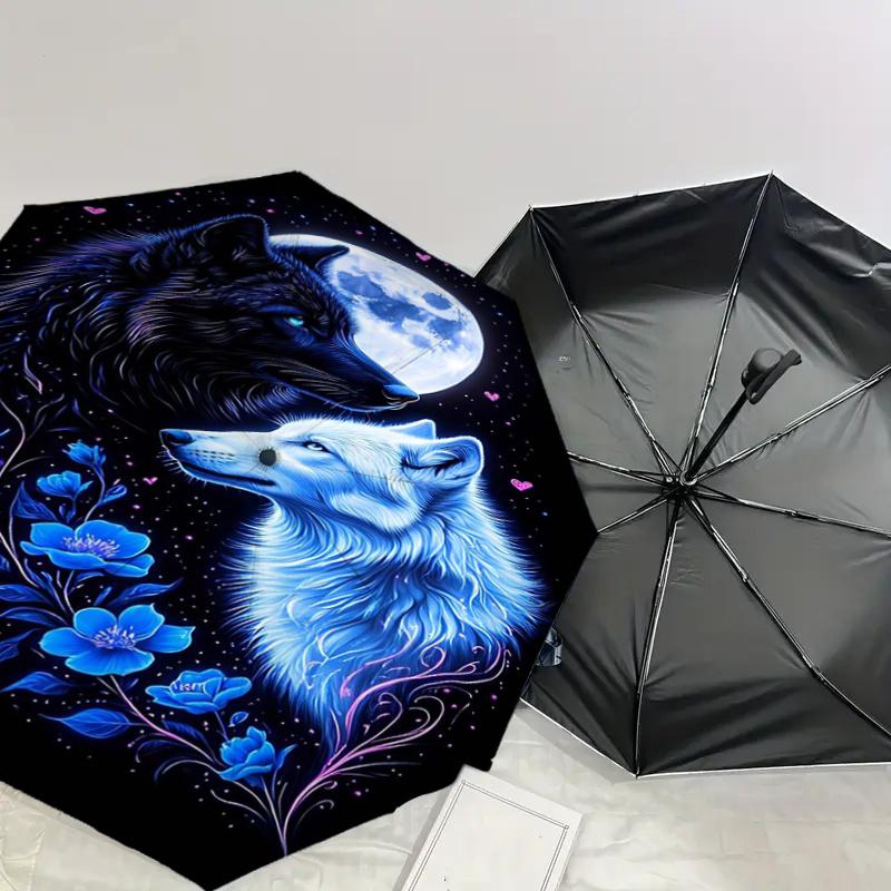 Blue Moon Wolf Floral Design Automatic Opening/Closing Umbrella with Foldable Design, Iron Frame, Outdoor Use, Festival Gift for Fans, Trave