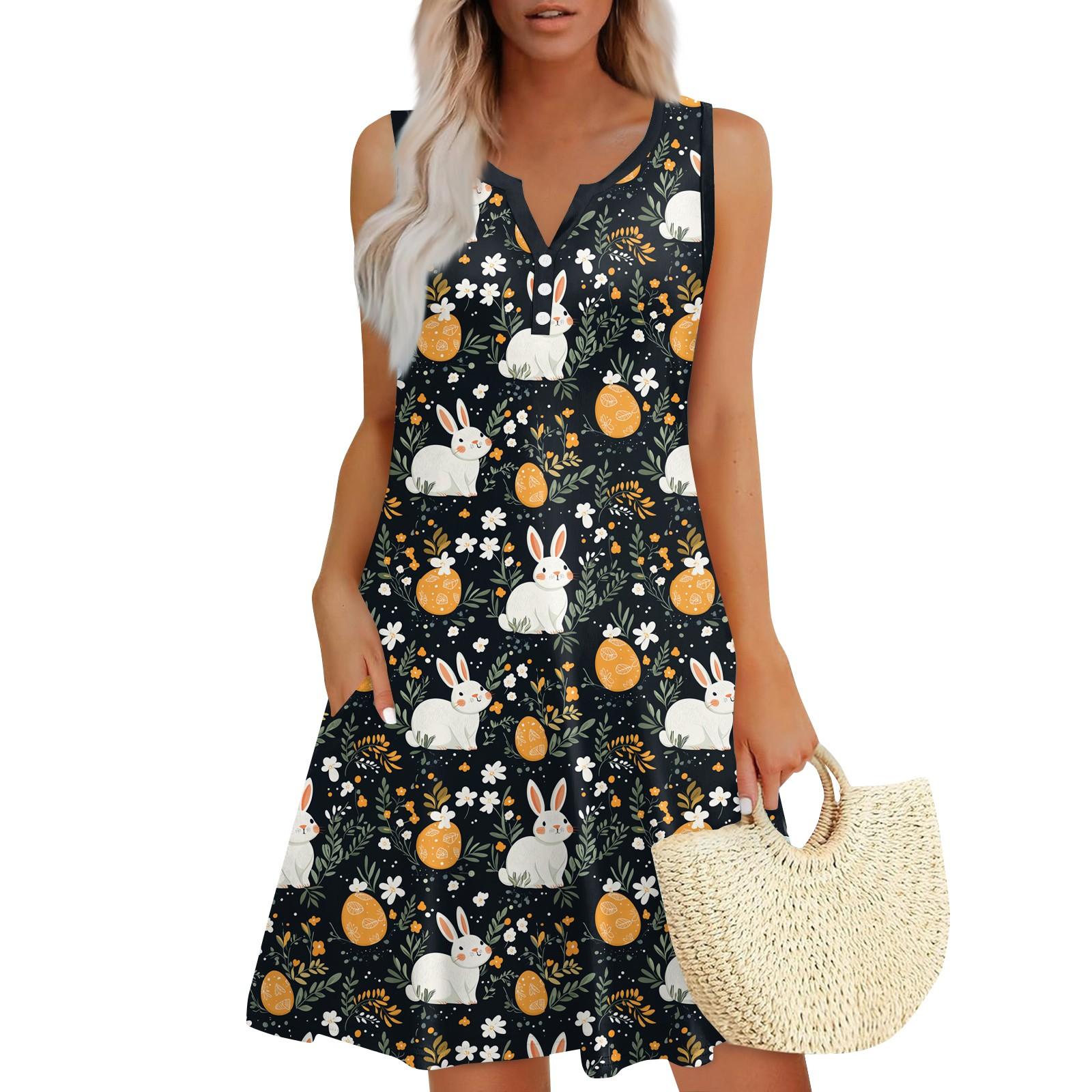 Women s Casual Easter Print V-Neck Button Side Pocket Vest Dress L