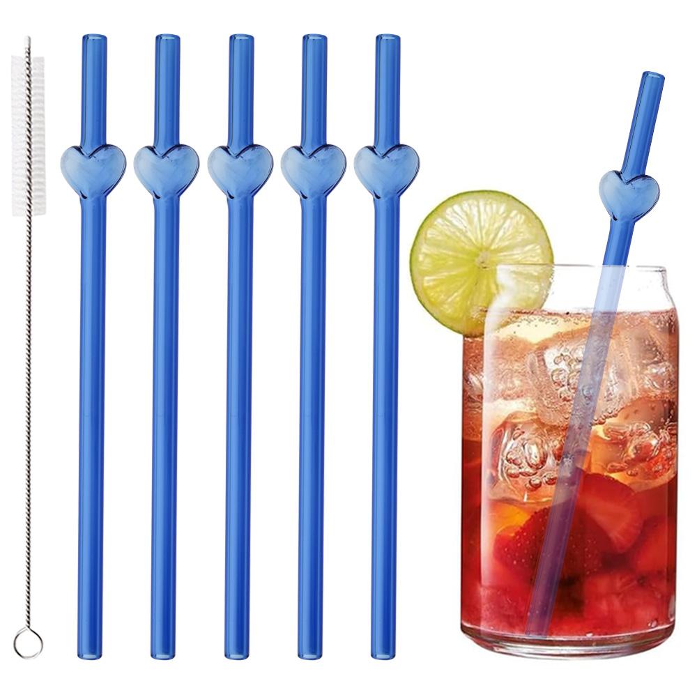 5Pcs Glass Straws Reusable Cute Heart Glass Straws 7.8 In*8mm Red Eco-friendly Glass Straws with 1 Cleaning Brush