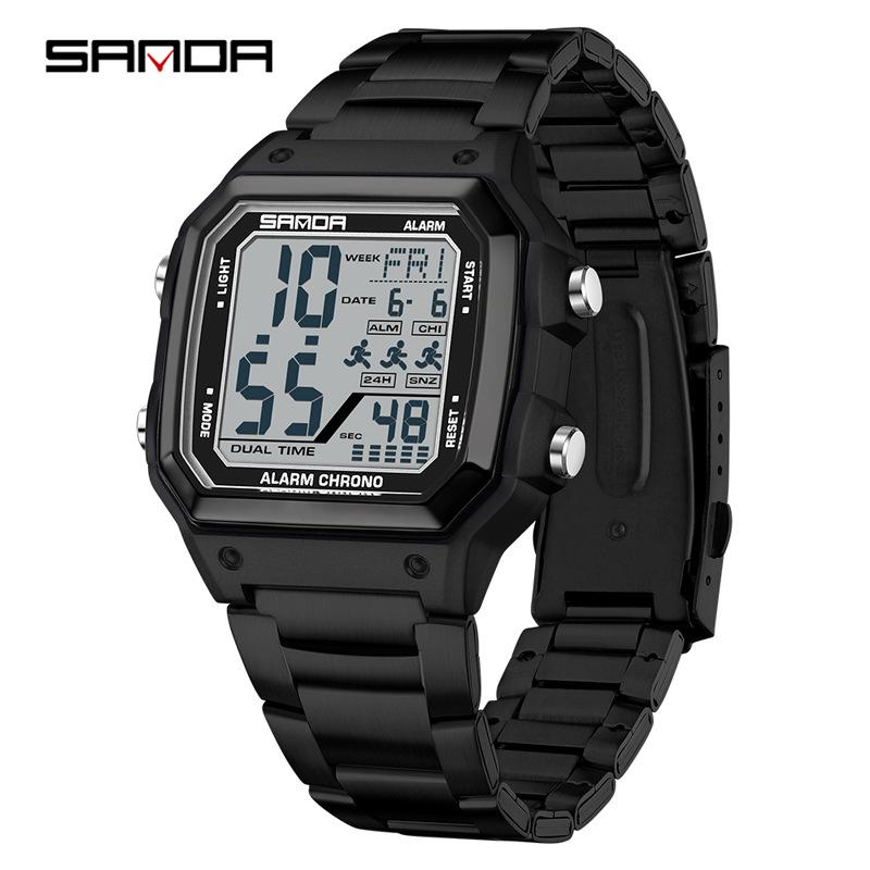 Sanda Men's Outdoor Sports Electronic Watch - Multifunctional, Waterproof, with Countdown and Snooze Feature.