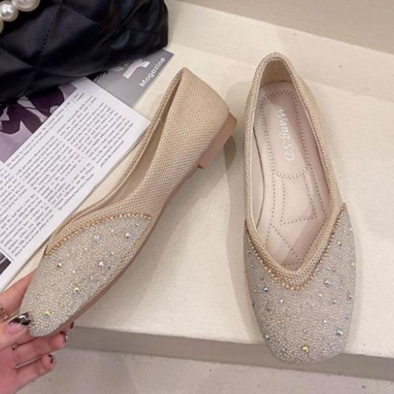 WTEMPO Dámské ploché boty Módní síťovina se čtvercovou špičkou Prodyšná Pohodlná Měkká podešev Drahokamu Všestranný Temperament Nízký podpatek Samostatné boty