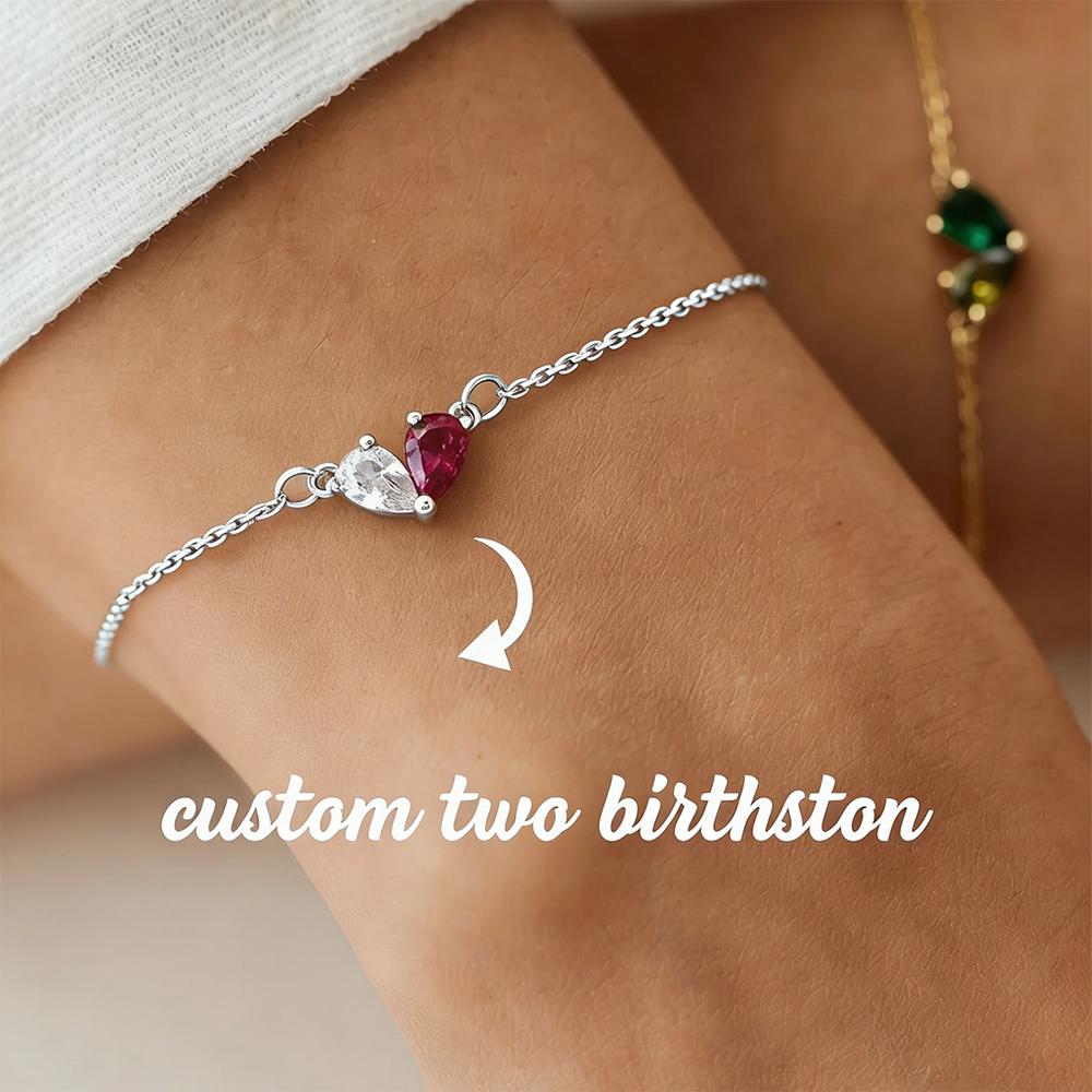 

Custom Two Birthday Stone Heart Pendant Bracelets For Women Mama Jewelry Gift Romantic Mother s Day Stainless Steel Chain Summer 19cm