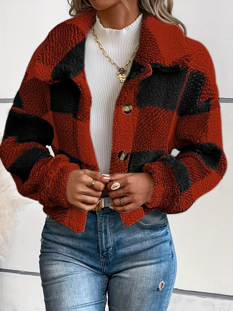 Plaid Pattern Button Front Teddy Coat All-match Long-sleeved Winter Warm Jacket Women's Clothing