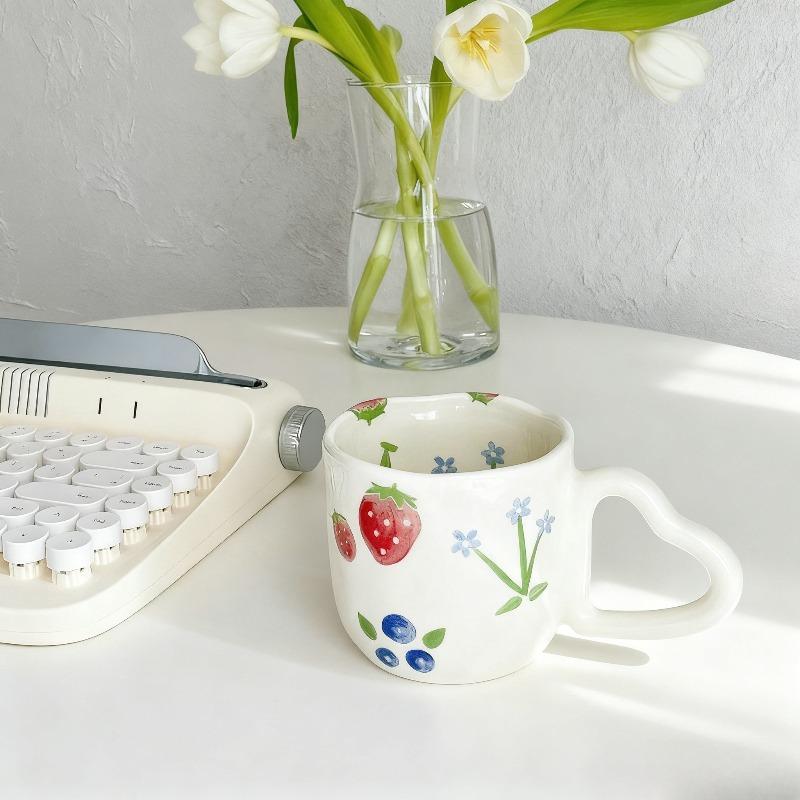 Cute hand-kneaded heart handle milky white ceramic small fresh mug water cup ceramic coffee cup saucer art female mug 350ml