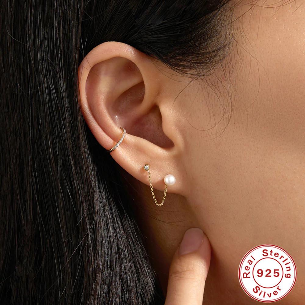 Fashion S925 Sterling Silver Double Stud Earrings Pearl Chain Fringed Thin Earrings Earrings