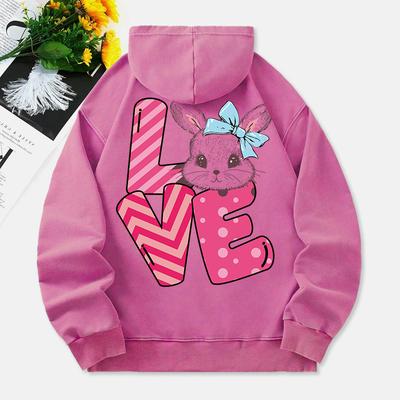 Cute Rabbit Washed Hoodie Womens Love Letter Printed Cotton Clothes Distressed Pocket Oversize Womans Streetwear
