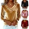 Casual Blouse Women Tops Swing Collar Long Sleeve Velvety Fabric Solid Color Comfortable Shirt Pullover Golden Velvet Office Date Wear Top