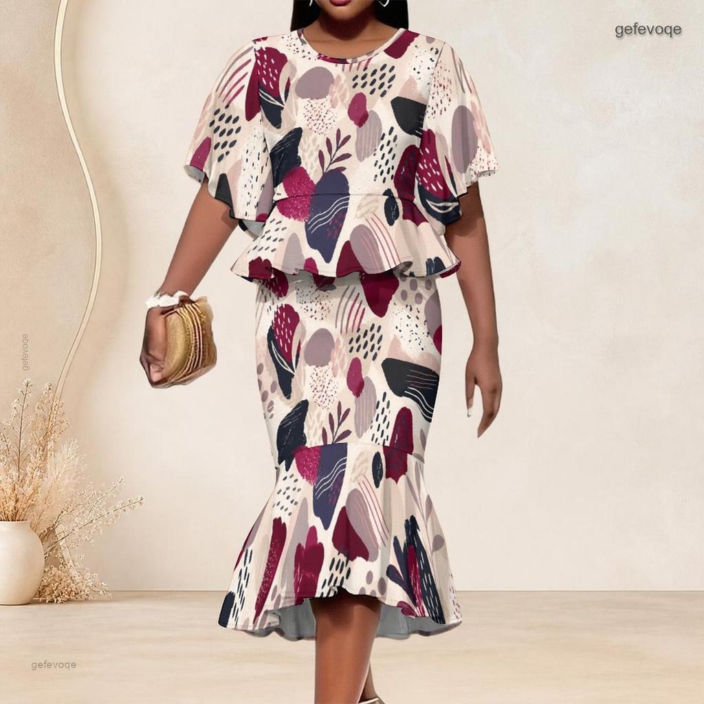 Women Plus Size Printed Round Neck Batwing Sleeve Ruffle Hem Top Fishtail Skirt Two Piece Set