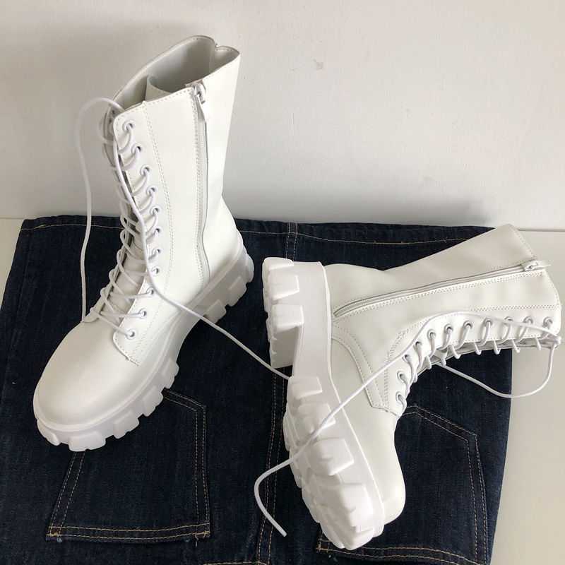 Newest Mid Calf Boots Women Autumn Winter Fashion Lace-Up Zipper Botas Mujer Boots Sports Platform Heel Ladies Shoes58E 35