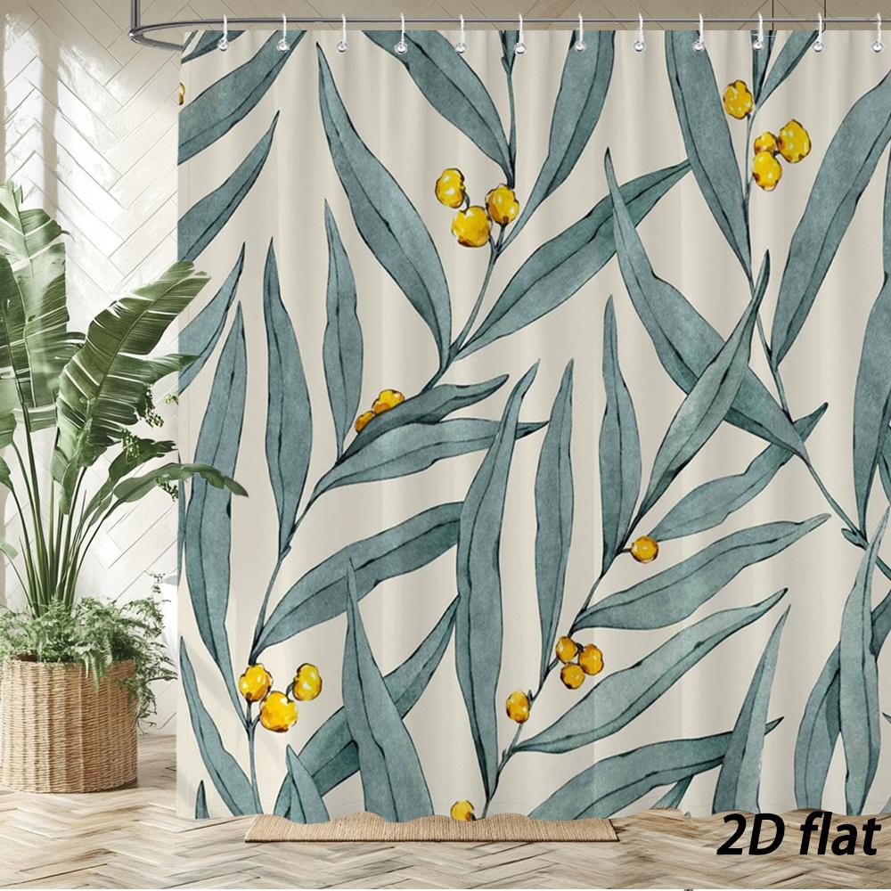 

Botanical Leaf Shower Curtain – Cream Background With Teal Leaves & Yellow Berries, 12 Hooks, Polyester, Machine Washable W60H190(CM)-1 Pcs