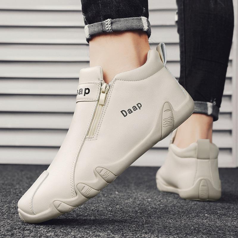 Side Zippers Men Shoes Fashion Breathable Flat Shoe High-top Leather Casual Shoes Solid Color Outdoor Walking Shoe Sneakers Male