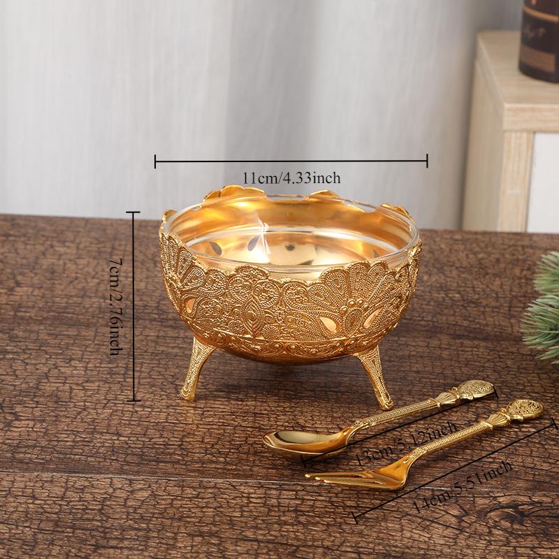 European Printed Metal Multi Legged Ice Cream Bowl with Knife and Fork Glass Inner Wall Salad Bowl