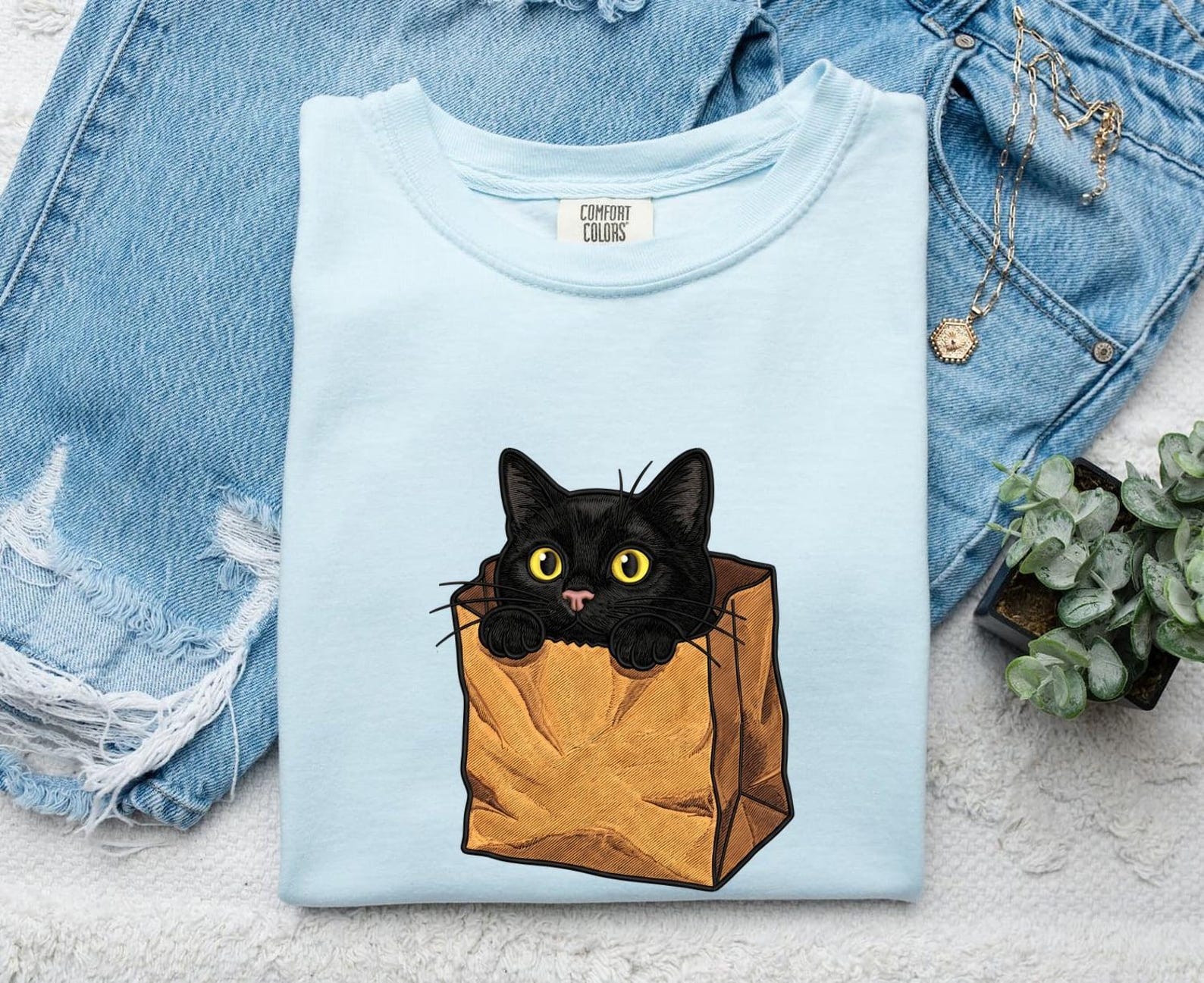 Black Kitten Shirt Cat Pet Gift Women Stitched Tee Kitten T-Shirt Cat Fan Cat Tshirt Animal Graphic Sketch Shopping Bag Tshirt L