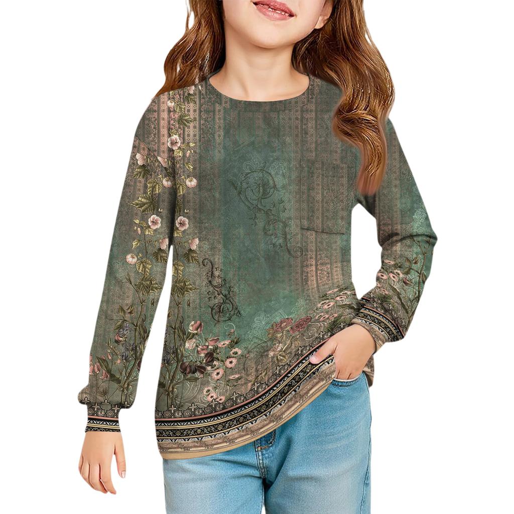 Girls' Long Sleeve Blouse - Round Neck Soft Waist Tunic