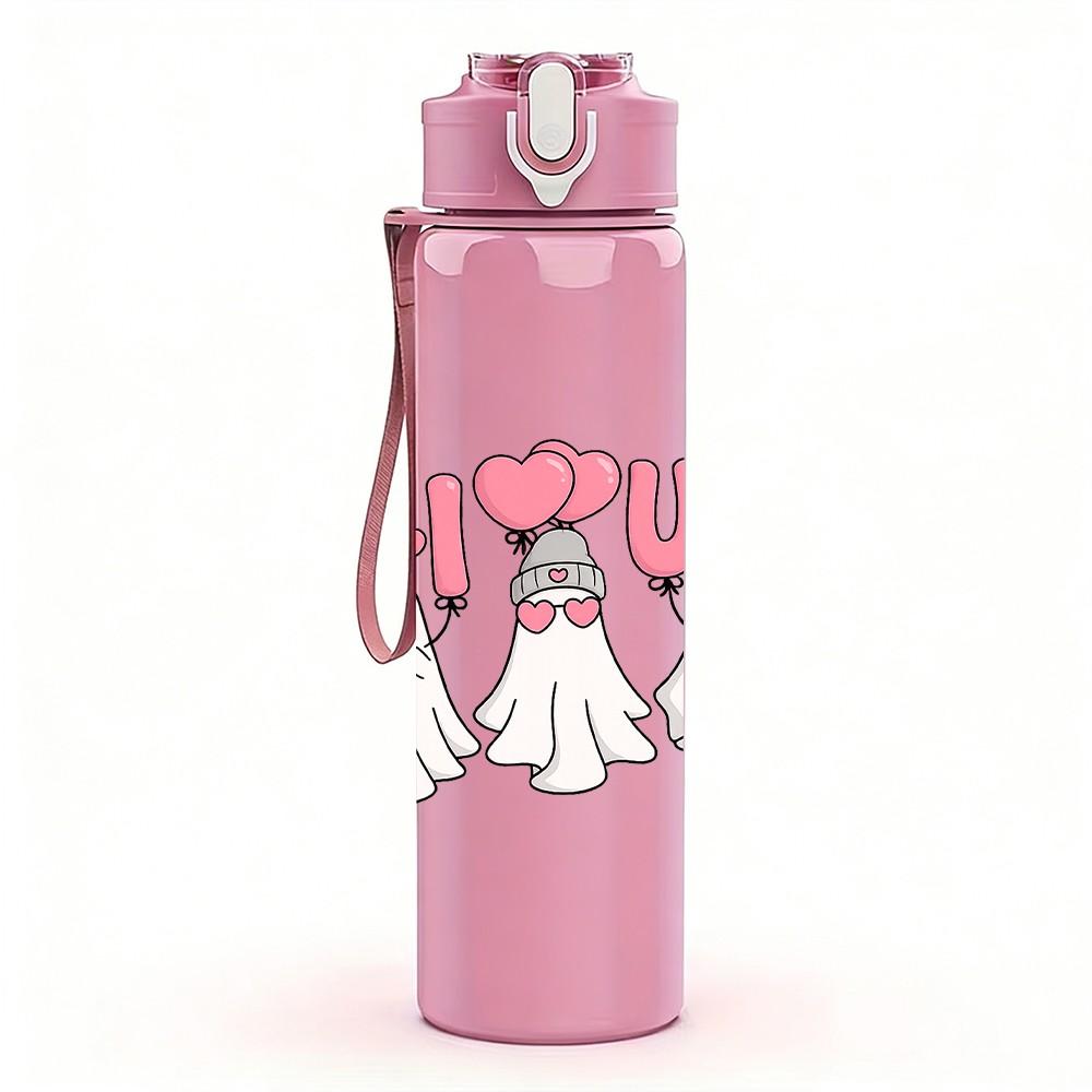 1PC I Love You Two Little Ghost Print 750ml Color Plastic Sports Water Bottle Leakproof Flip Straw Lid Suitable for Sports Office Home Use
