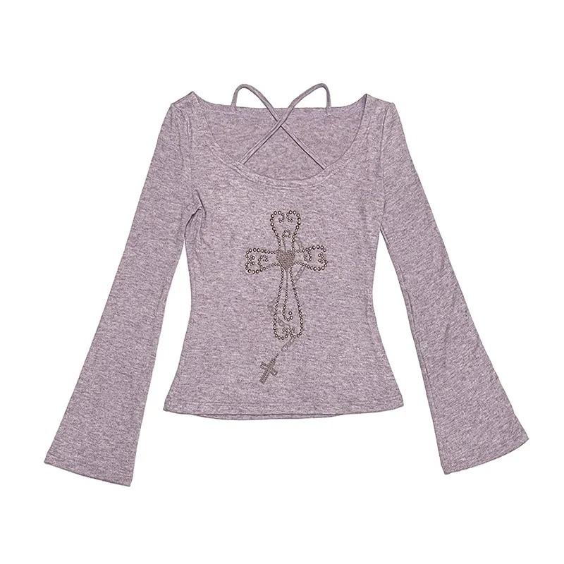 Japonské pletené topy Y2k Grunge Estetika Trička Flare Rukáv Vintage Harajuku Fialová úplet American Retro 2000s