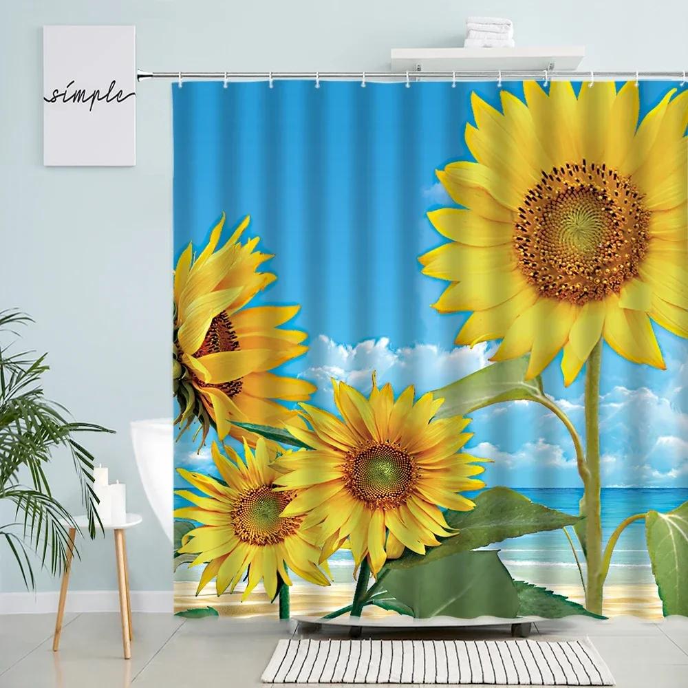 Natural Sunflower Shower Curtains Rural Scenery Floral Yellow Flower Green Leaves Plants Polyester Fabric Bathroom Curtain Decor
