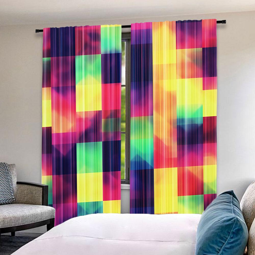 2Pcs Abstract Curtains Rainbow Colored Geometric Square Shaped Blurry Effects Watercolor Design For Bedroom Bathroom Living Room