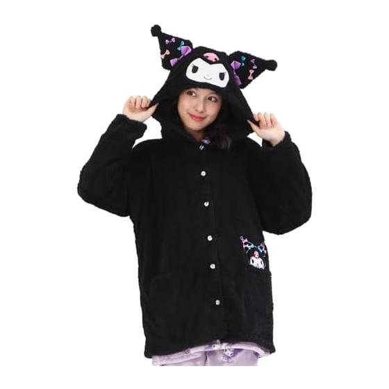 [SAZAC] Kuromi Gown Pajamas Women s Ribbon Kuromi Dress-up Gown Long Sleeve Open Front Autumn Winter Poodle Boa Room Wear Loungewear