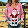 Women's Casual V-Neck Long Sleeve T-Shirt with Christmas Print, Relaxed Fit Holiday Top for Fall and Winter