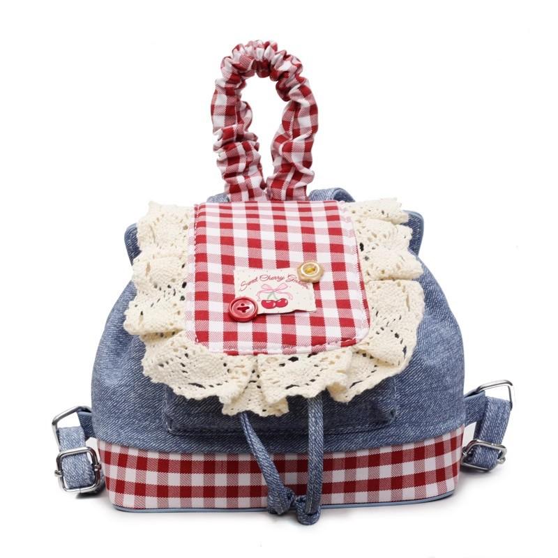 Sweet Lace Backpack Bag Women'S Fashion Trendy Denim Contrasting Color Plaid Schoolbag