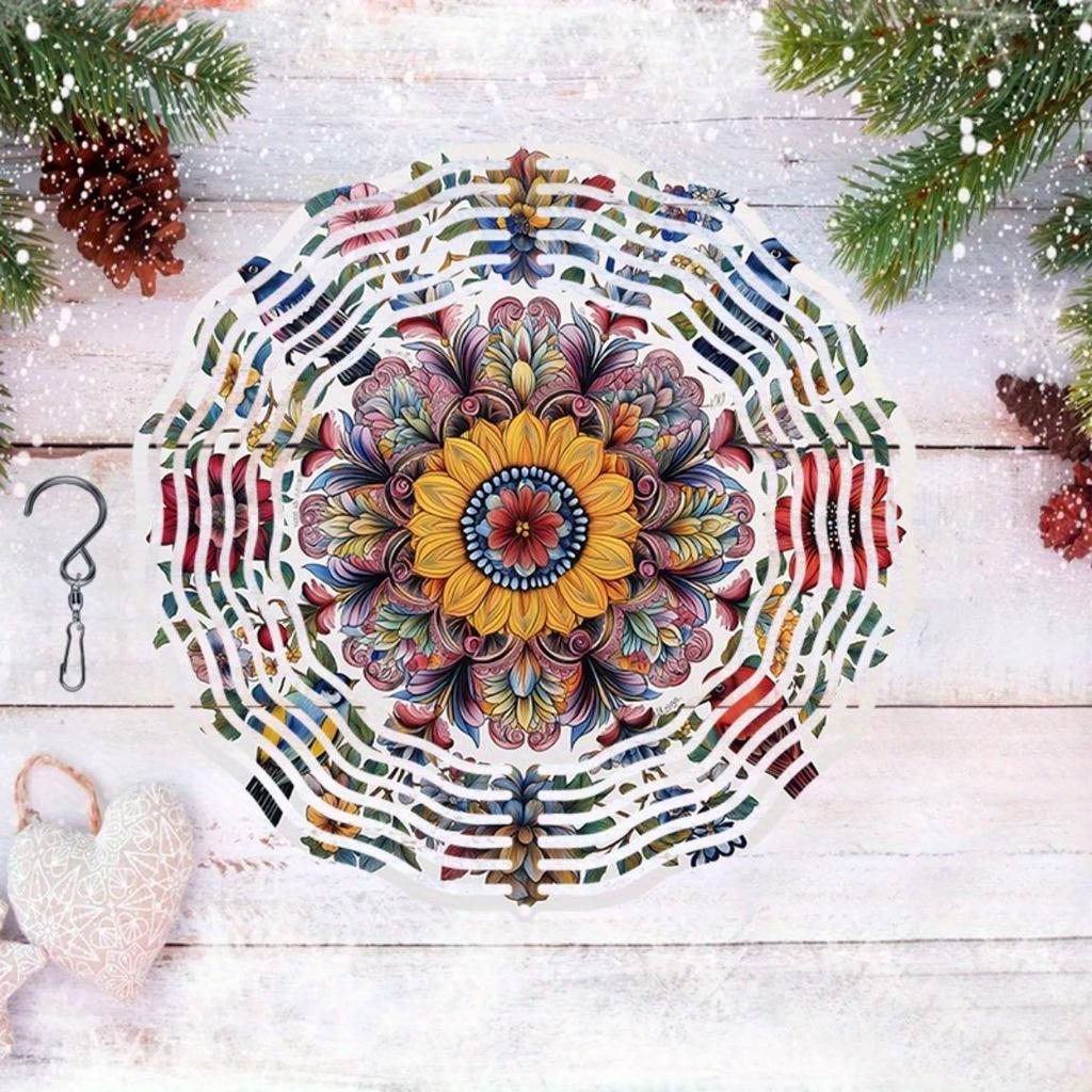 3D Kovová Větrná Zvonkohra Art - Elegantní Větrný Mlýn s Mandala Ptákem a Květinovým Designem, Dynamická Venkovní Zahradní Dekorace