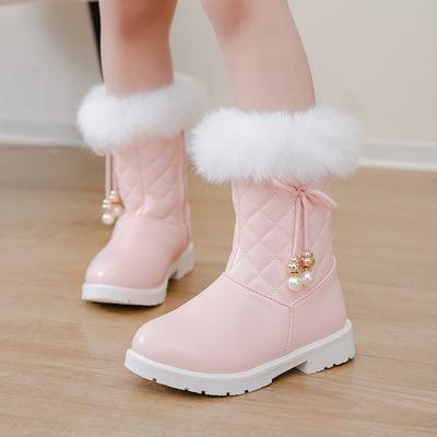 Children's Boots Autumn and Winter New Korean Style Girls' Snow Boots, Medium and Large Children's Warm Princess Leather Boots, Mid-calf Boots