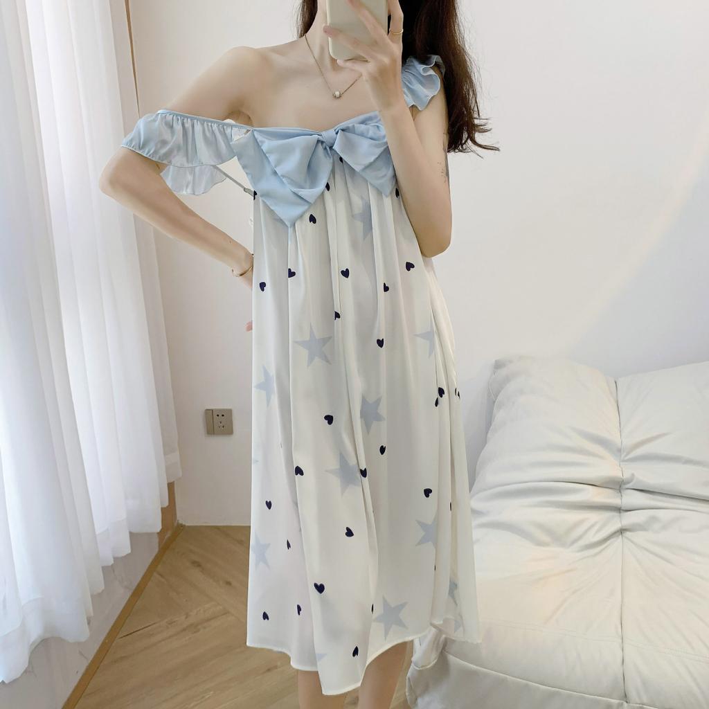 Women's summer nightdress, new sweet ice silk camisole nightdress, thin bow pajamas, ruffled girl's loungewear
