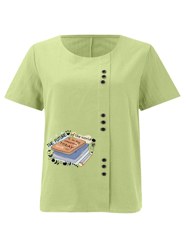 Women's Fashion Book Letter Pattern Print Round Neck Short Sleeve T-shirt Casual Cotton Linen Graphic Shirt Leisure Loose Summer Blouse Tops