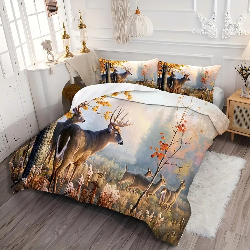 Deer Floral Pattern 3D Printed Duvet Cover Retro Artistic Style Bedding Set For Kids Teens Adults Wildlife Theme Quilt Cover