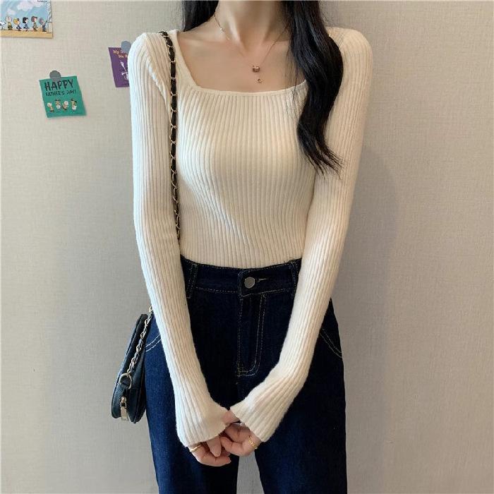 "2023 Autumn/Winter Korean Slim Square Neck Long-Sleeve Knitted Sweater for Women"