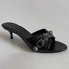 OMG! Look Good! Retro Black Rivet Buckle High Heels Women's Casual Versatile Stiletto One-word Slippers
