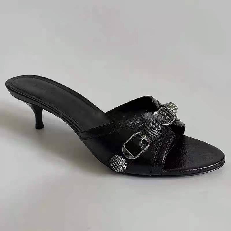 OMG! Look Good! Retro Black Rivet Buckle High Heels Women's Casual Versatile Stiletto One-word Slippers