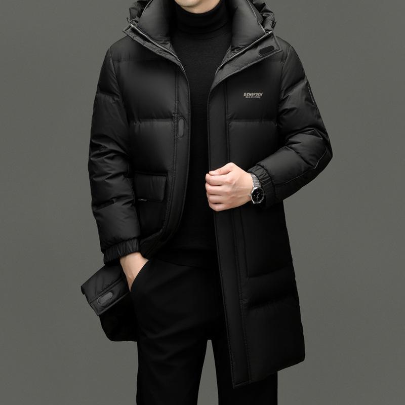 

Men s Mid-Length Hooded Duck Down Jacket - Winter Business Casual Warmth XXL чорний
