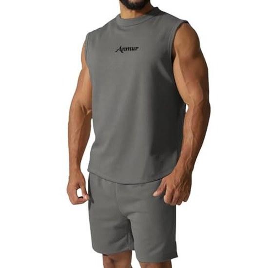 Anmur jersey set mens summer clothing tank top + shorts running training comfortable pockets adjustable waist solid color breathable casual sweat