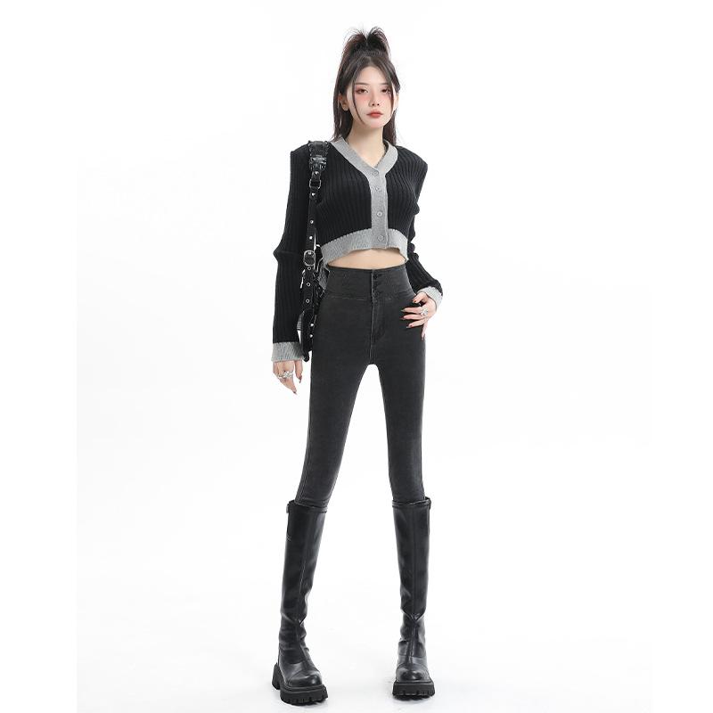 

Plush Velvet Trousers for Women In Autumn and Winter Peach Buttocks Tight Jeans for Women Ash Super High Waist Pencil Pants for Women 31