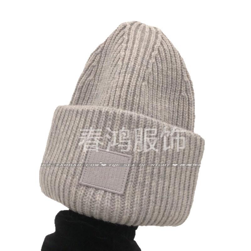 Warm Wool Knit Beanie Hat Women Men Winter High Top Adjustable Skull Cap With Square Patch