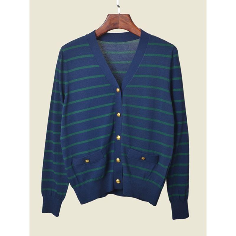 Hong Kong Style Vintage Stripe Knitwear V Neck Cardigan Long Sleeves Female 2024 New Arrival Metal Button Fashionable All-Matching Jacket