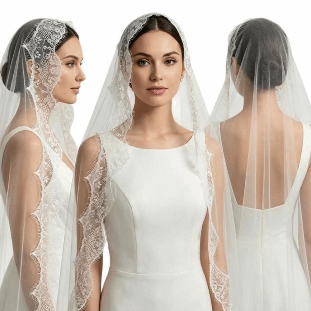 2M Long Bridal Headscarf Lace Edge Muslin Head Covering Elegant Wedding Veil Cathedral Wedding