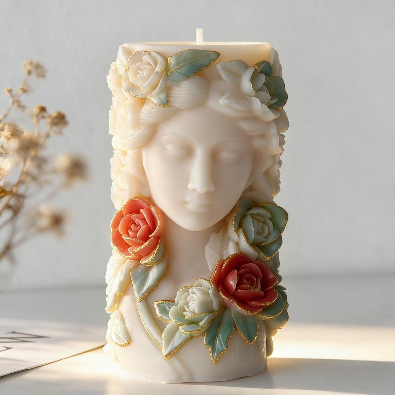 Diy Rose Flowers Relief Girl Portrait Cylinder Mold Handmade Aroma Candle Plaster Resin Silicone Mould Home Decor Craft Molds