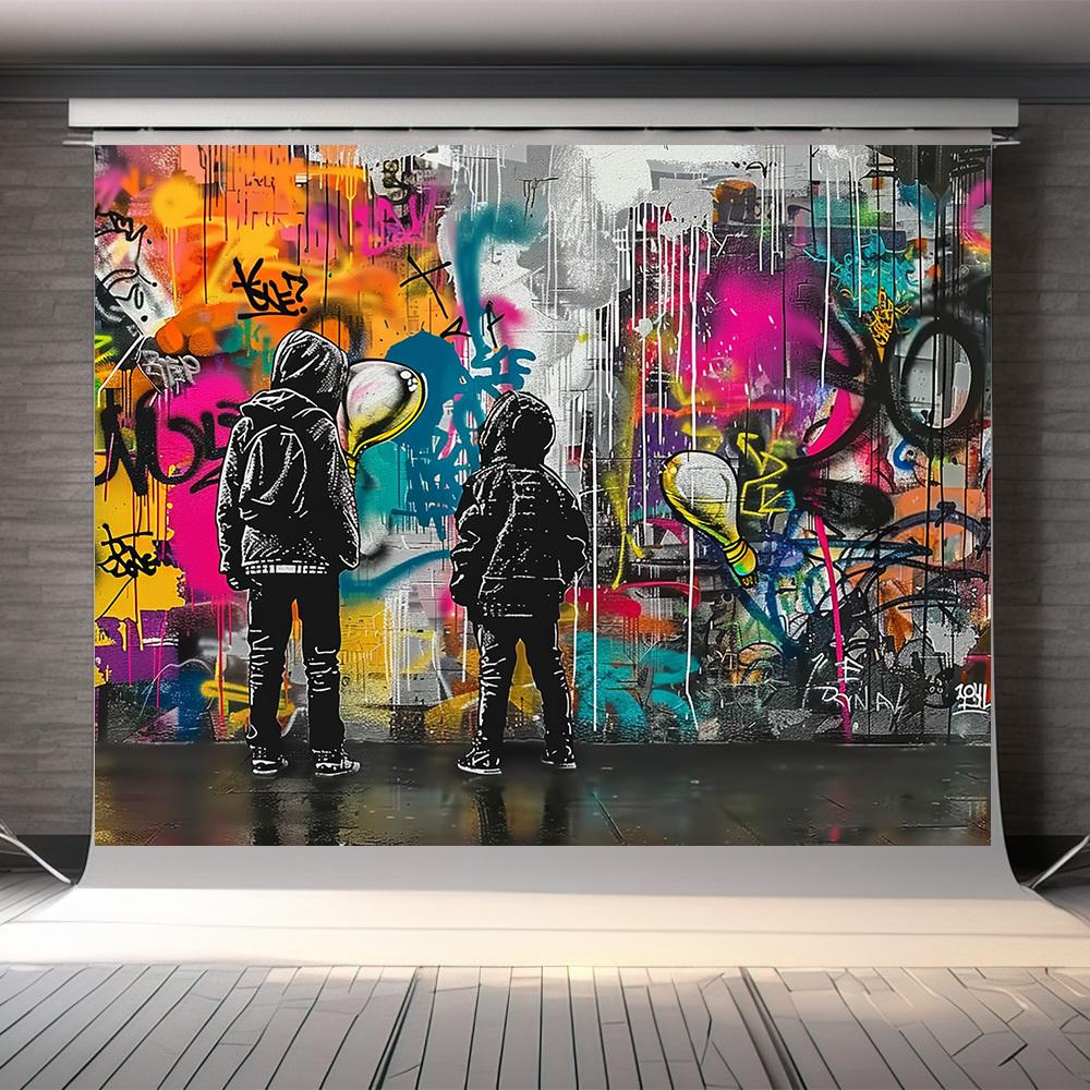Flat banner featuring a background of urban graffiti murals made of polyester material.PMJ