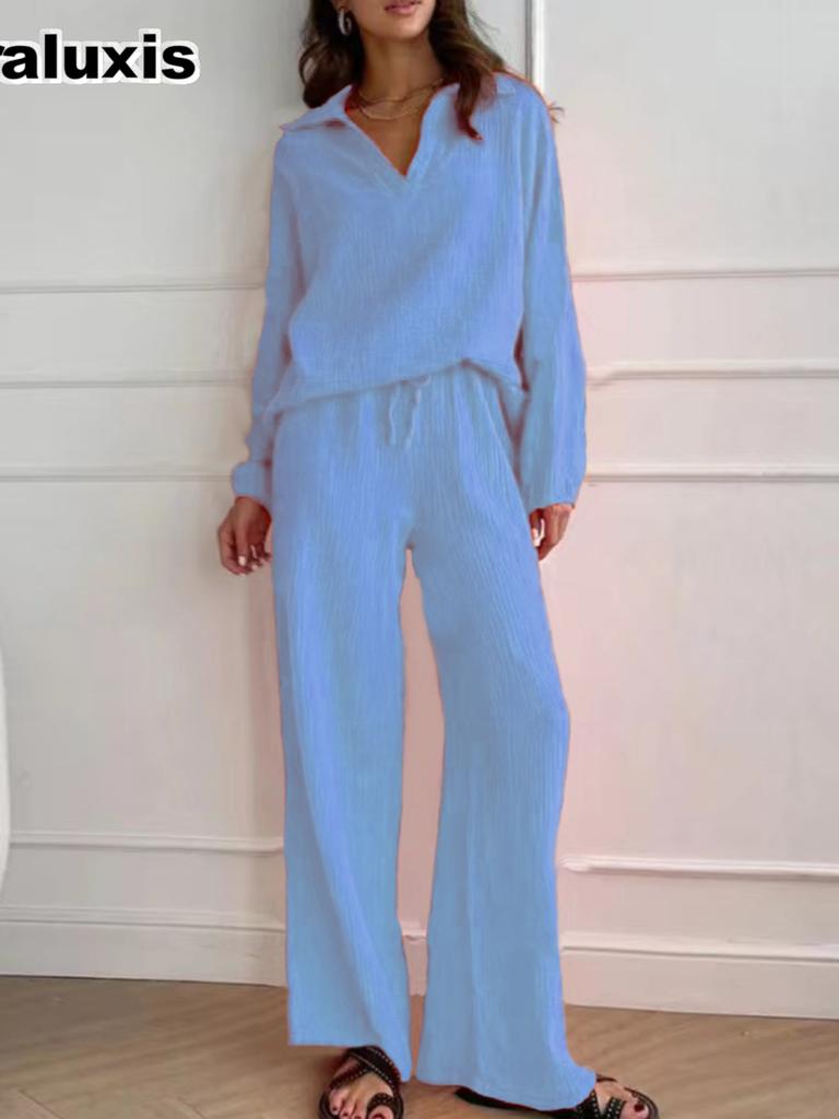 Elegant Women's Casual Loose Set Women Long Sleeve Top + Drawstring Pants Outfit Autumn Winter Two Piece Suit