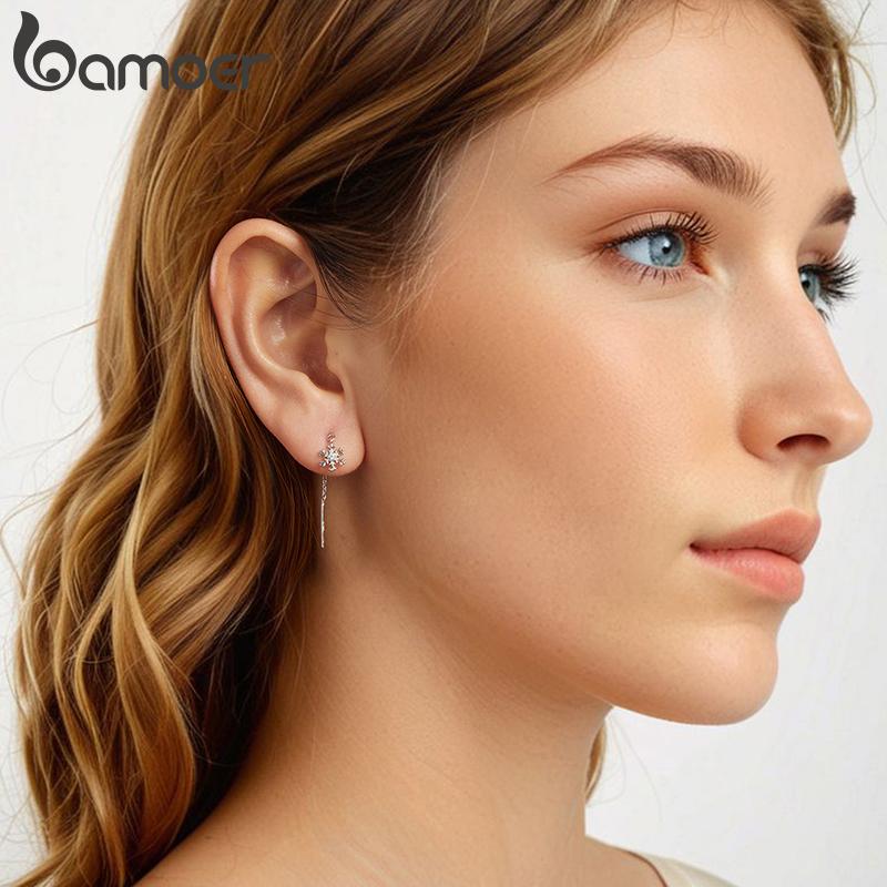 BAMOER 925 Sterling Silver Snowflake Droplet Dangle Earrings for Women Teens Elegant Long Dangling Earrings Threader Tassel